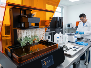 A close-up photograph inside a bright dental laboratory, showing an industrial-grade vat polymerization 3D printer actively lifting a batch of detailed, clear resin surgical guides from a liquid resin vat. A technician wears gloves in the background.