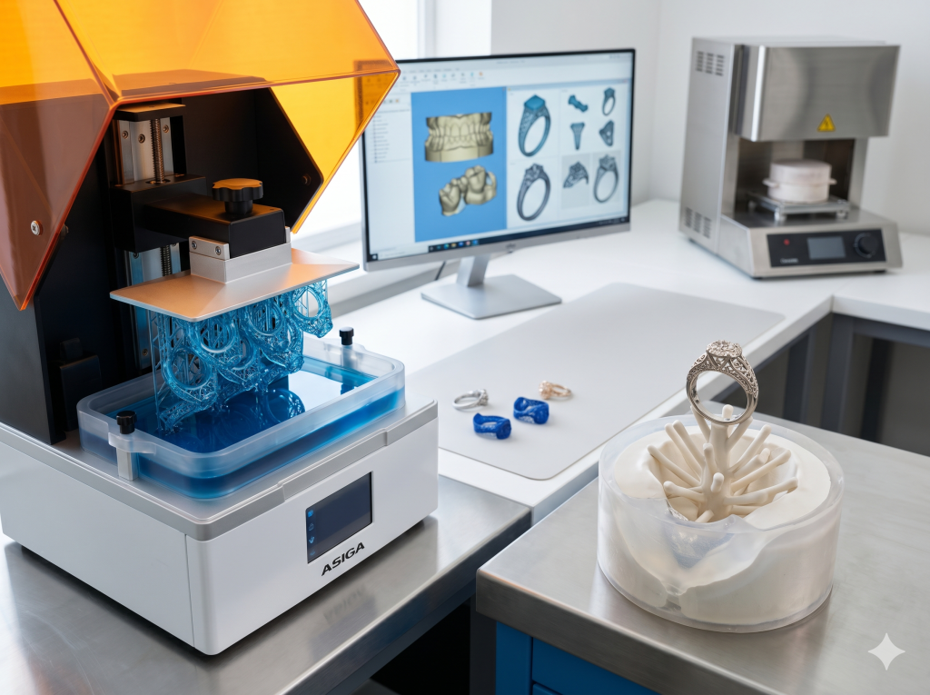 An Asiga 3D printer lifting a translucent blue resin model from its vat, set in a clean laboratory environment with a CAD software monitor, jewelry molds, and a laboratory furnace in the background.