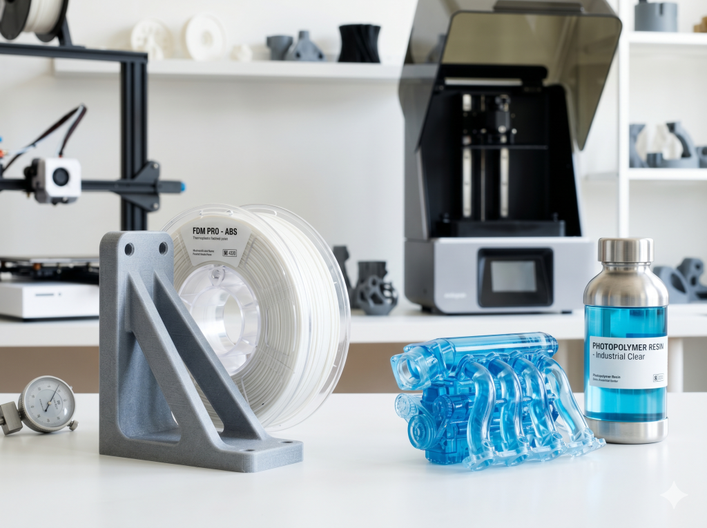 A realistic photograph comparing two different 3D printing technologies side-by-side. On the left are FDM filament materials and a matte, opaque printed bracket. On the right are liquid resin in a bottle and a translucent, complex, smooth printed engine component.