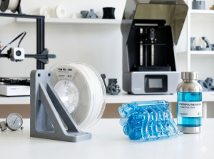 A realistic photograph comparing two different 3D printing technologies side-by-side. On the left are FDM filament materials and a matte, opaque printed bracket. On the right are liquid resin in a bottle and a translucent, complex, smooth printed engine component.
