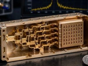 3D printed metal antenna prototype for 6G wireless communication technology operating at 220GHz millimeter-wave frequencies, showing precision waveguide structures and advanced RF components.