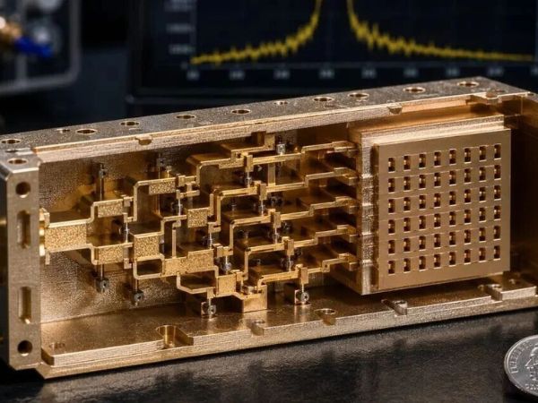 3D printed metal antenna prototype for 6G wireless communication technology operating at 220GHz millimeter-wave frequencies, showing precision waveguide structures and advanced RF components.