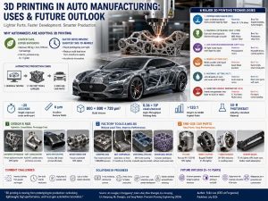 Bright automotive manufacturing infographic showing a laser metal 3D printer producing a lightweight lattice car component above a modern vehicle, with panels summarizing major printing technologies, factory applications, current challenges, and future trends.