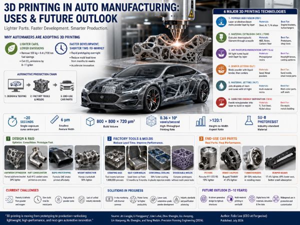 Bright automotive manufacturing infographic showing a laser metal 3D printer producing a lightweight lattice car component above a modern vehicle, with panels summarizing major printing technologies, factory applications, current challenges, and future trends.