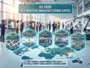 Infographic displaying the 5 key additive manufacturing expos in H2 2026, including AMIC Ningbo, Formnext Asia Shenzhen, TCT Shenzhen, Formnext Frankfurt, and Luzhou AM Expo, overlaying a modern 3D printing factory and global trade map.