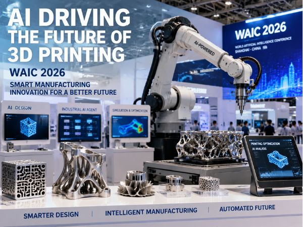 AI-powered 3D printing technology showcased at WAIC 2026, featuring an industrial robot, smart manufacturing systems, AI simulation displays, and advanced metal 3D printed components.