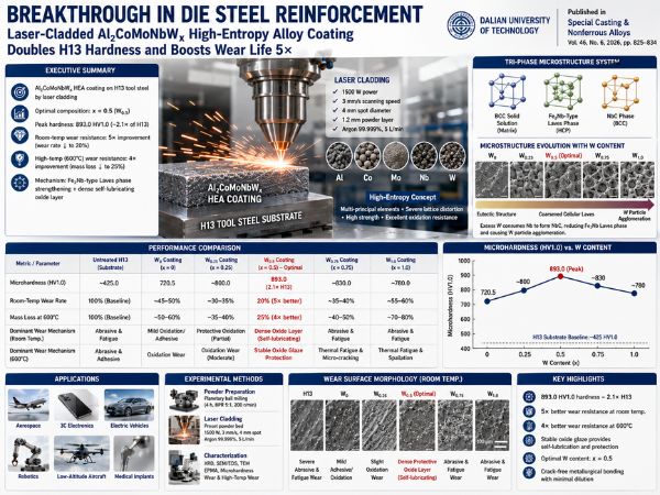 Bright technical infographic showing laser cladding of an Al2CoMoNbWx high-entropy alloy coating onto H13 tool steel, with charts and microstructure images highlighting peak hardness, improved wear resistance, and the optimal tungsten content of x = 0.5.