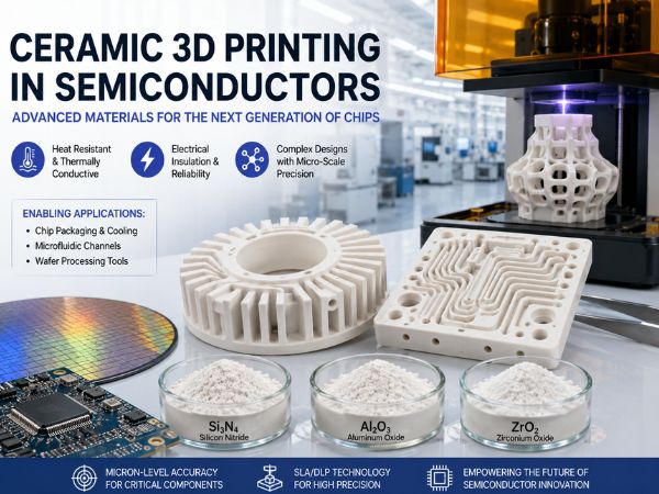 Ceramic 3D printing for semiconductor applications, showing a high-precision ceramic printer, silicon wafer, microchip, ceramic cooling parts, microfluidic components, and Si3N4, Al2O3, and ZrO2 materials.