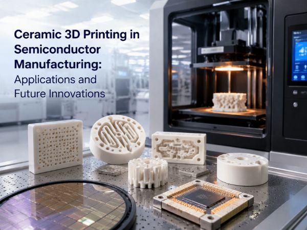 Ceramic 3D printing technology in semiconductor manufacturing with precision ceramic components, semiconductor chips, wafer structures, and an industrial additive manufacturing system in a cleanroom environment.