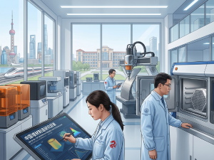 Alt Text: A bright and modern 3D printing research laboratory in China, showing researchers using advanced industrial additive manufacturing equipment and an interactive display map highlighting research hubs across the country.