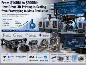 A realistic hero image of an advanced drone manufacturing facility featuring an industrial UAV, metal and polymer 3D-printed drone components, additive manufacturing equipment, and a market growth infographic illustrating the expansion of drone 3D printing from rapid prototyping to large-scale production.