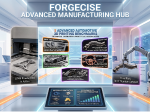 An infographic titled "5 Advanced Automotive 3D Printing Benchmarks" within a digital display in a modern manufacturing facility. The left panel shows a 3D printer with a metal chassis part, and the right panel shows a robot arm holding a finished metal exhaust. The center features five vehicle examples: MINI, Apollo EVO, LongBow Speedster, Bentley Batur, and Czinger 21C, with their printed components and technologies. At the bottom, a touch screen details "Materials Innovation" and "Economics of Short-Run Production" with data.