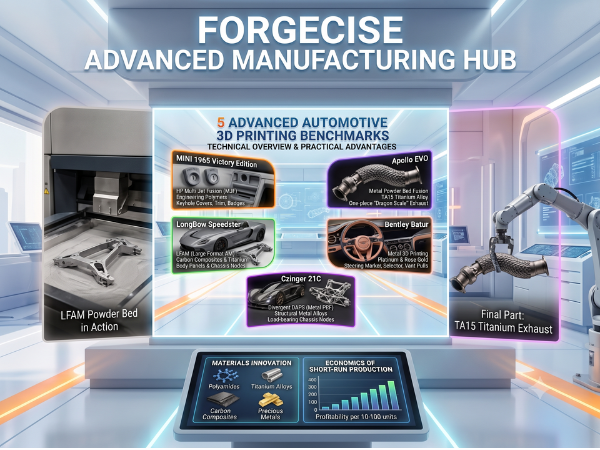 An infographic titled "5 Advanced Automotive 3D Printing Benchmarks" within a digital display in a modern manufacturing facility. The left panel shows a 3D printer with a metal chassis part, and the right panel shows a robot arm holding a finished metal exhaust. The center features five vehicle examples: MINI, Apollo EVO, LongBow Speedster, Bentley Batur, and Czinger 21C, with their printed components and technologies. At the bottom, a touch screen details "Materials Innovation" and "Economics of Short-Run Production" with data.