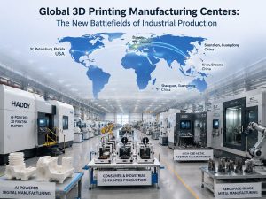 Global 3D printing manufacturing centers map with automated factories, industrial 3D printers, and production hubs across the United States, China, and Germany.