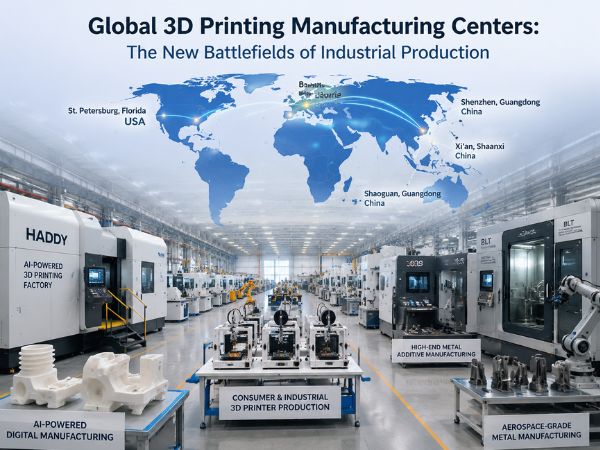 Global 3D printing manufacturing centers map with automated factories, industrial 3D printers, and production hubs across the United States, China, and Germany.