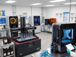 A laboratory supervisor in a lab coat and gloves monitors large-format resin 3D printers, including Nexa3D and Phrozen models, while holding a tablet in a bright industrial 3D printing workshop.