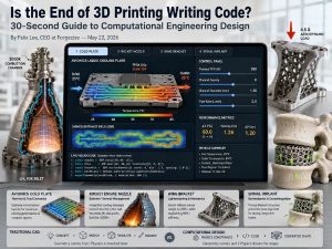 A realistic hero image showing a laptop running a computational engineering design simulator for metal 3D printing. The interface displays an avionics liquid cooling plate with thermal simulation, Signed Distance Field (SDF) visualization, live code, and engineering controls. Surrounding the laptop are a rocket engine nozzle, a gyroid aerospace bracket, and a porous spinal implant, illustrating code-driven additive manufacturing applications.
