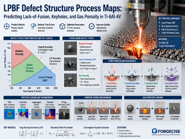 A realistic scientific visualization of Laser Powder Bed Fusion (LPBF) defect prediction showing a titanium alloy powder bed, laser melting process, melt pool dynamics, and a Defect Structure Process Map. The image illustrates key manufacturing defects including lack-of-fusion, keyhole porosity, and gas porosity, along with laser power, scan speed, hatch spacing, and physics-based simulation models.