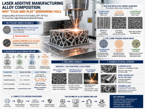 Alt Text Bright technical infographic showing a laser additive manufacturing system printing a complex metal part, with diagrams comparing slow-cooled conventional alloys and rapid laser cooling, common crack mechanisms, alloy design generations, and AI-driven material development.