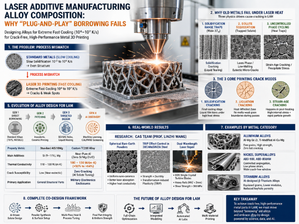 Alt Text Bright technical infographic showing a laser additive manufacturing system printing a complex metal part, with diagrams comparing slow-cooled conventional alloys and rapid laser cooling, common crack mechanisms, alloy design generations, and AI-driven material development.