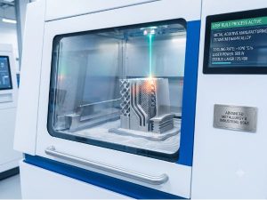 A high-tech laser powder bed fusion (LPBF) machine printing a complex metal part with lattice structures. A blue screen on the right displays real-time data including "Ti6Al4V ALLOY" and "COOLING RATE: ~10^6 °C/s," alongside an etched plaque titled "ADVANCED METALLURGY & INDUSTRIAL USES."