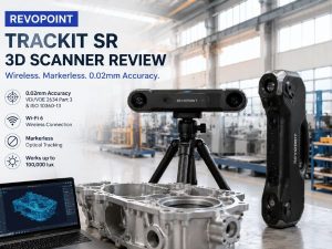 Revopoint Trackit SR wireless optical tracking 3D scanner in a bright industrial factory setting with a metal part, laptop 3D model display, and precision scanning equipment.