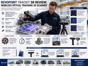 Bright industrial infographic showing the Revopoint Trackit SR wireless optical tracking 3D scanner inspecting a large metal component without target markers, alongside key specifications, laser scanning modes, software workflow, and industrial applications.
