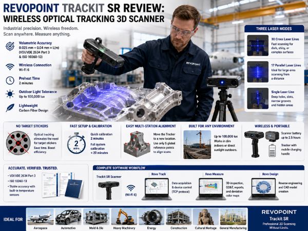 Bright industrial infographic showing the Revopoint Trackit SR wireless optical tracking 3D scanner inspecting a large metal component without target markers, alongside key specifications, laser scanning modes, software workflow, and industrial applications.