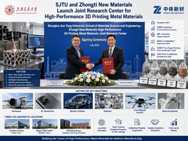 Bright corporate infographic showing representatives from Shanghai Jiao Tong University and Zhongti New Materials shaking hands at the launch of a joint research center, surrounded by metal 3D printing equipment, alloy powder samples, research locations, and target industry applications.