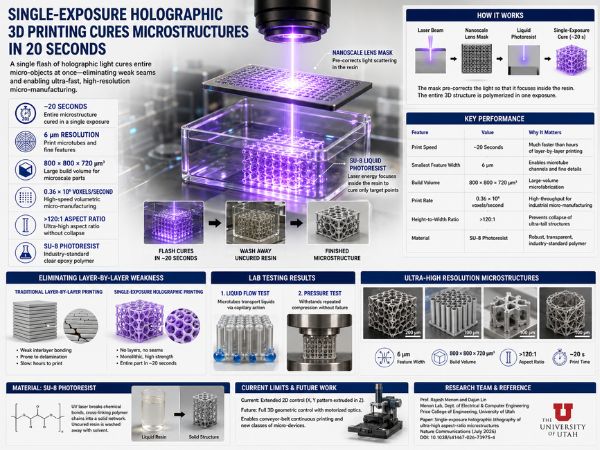 Bright scientific infographic showing a single-exposure holographic 3D printing system using a laser and nanoscale lens mask to cure an entire SU-8 microstructure inside liquid photoresist in about 20 seconds.