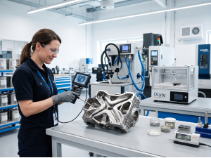 Female technician in a modern workshop uses a borescope to inspect a complex 3D printed metal aerospace component.