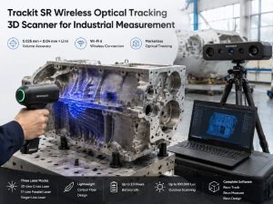 Revopoint Trackit SR wireless optical tracking 3D scanner measuring a large industrial metal component with blue laser projection in a factory environment.
