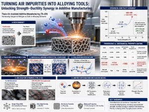 Bright scientific infographic showing trace-air-assisted metal additive manufacturing, where controlled oxygen and nitrogen enter a laser melt pool and form nanoscale ordered interstitial complexes that improve both strength and ductility in a titanium-zirconium-niobium medium-entropy alloy. Caption