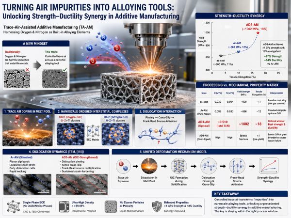 Bright scientific infographic showing trace-air-assisted metal additive manufacturing, where controlled oxygen and nitrogen enter a laser melt pool and form nanoscale ordered interstitial complexes that improve both strength and ductility in a titanium-zirconium-niobium medium-entropy alloy. Caption