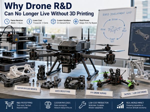 A realistic hero image of a modern drone engineering laboratory featuring a professional UAV, desktop 3D printers producing structural components, CAD software displayed on a monitor, and multiple 3D-printed drone prototypes and custom payload mounts, illustrating rapid prototyping and additive manufacturing for drone research and development.
