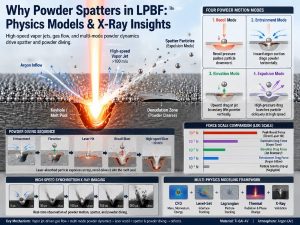 A realistic scientific visualization of Laser Powder Bed Fusion (LPBF) showing a high-power laser melting a Ti-6Al-4V powder bed, with vapor jets, Argon gas flow, powder spatter particles, melt pool dynamics, and four powder motion modes including recoil, entrainment, elevation, and expulsion. The image also includes physics simulation diagrams and high-speed X-ray imaging concepts.