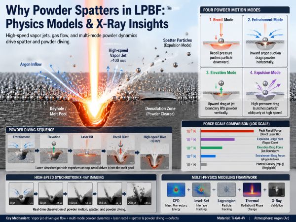 A realistic scientific visualization of Laser Powder Bed Fusion (LPBF) showing a high-power laser melting a Ti-6Al-4V powder bed, with vapor jets, Argon gas flow, powder spatter particles, melt pool dynamics, and four powder motion modes including recoil, entrainment, elevation, and expulsion. The image also includes physics simulation diagrams and high-speed X-ray imaging concepts.