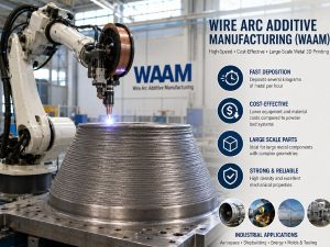 Robotic arm using Wire Arc Additive Manufacturing to build a large layered metal component with an electric arc in a bright industrial workshop.