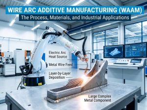 A industrial robot arm using Wire Arc Additive Manufacturing (WAAM) technology to 3D print a large metal component in a modern workshop with data screens.