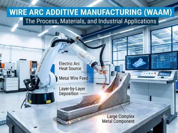 A industrial robot arm using Wire Arc Additive Manufacturing (WAAM) technology to 3D print a large metal component in a modern workshop with data screens.