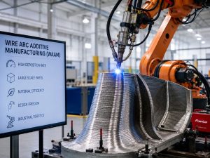 Alt Text: Industrial robotic arm using Wire Arc Additive Manufacturing to deposit metal layer by layer onto a large curved component in a bright modern factory.