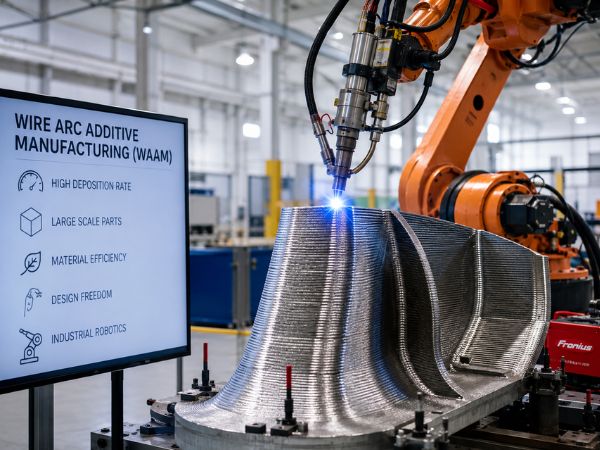 Alt Text: Industrial robotic arm using Wire Arc Additive Manufacturing to deposit metal layer by layer onto a large curved component in a bright modern factory.