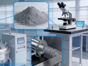 Metal 3D printing powder engineering laboratory showing additive manufacturing powder analysis, particle testing, and production equipment