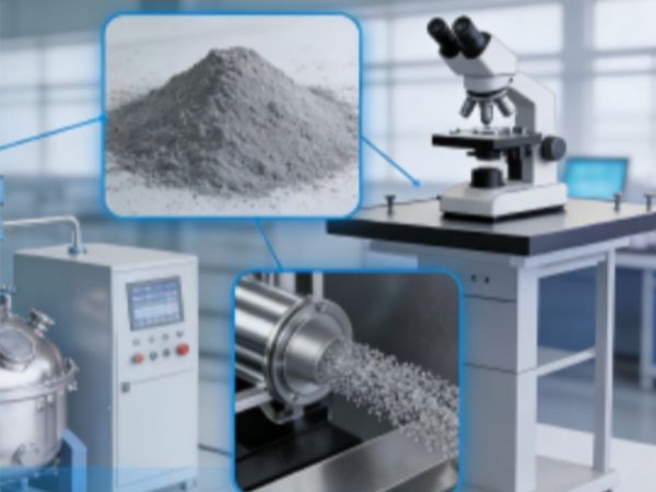 Metal 3D printing powder engineering laboratory showing additive manufacturing powder analysis, particle testing, and production equipment
