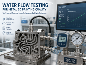 Water flow testing system verifying internal channels of a metal 3D printed component with flow meter and pressure gauge in an industrial laboratory.