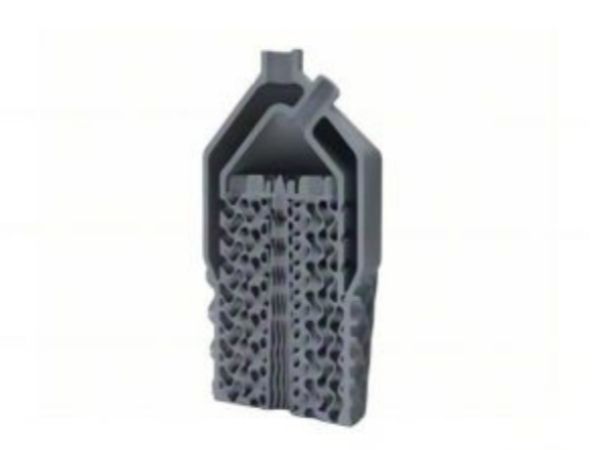 Cross-section of an ultra-thin-wall TPMS heat exchanger showing complex internal lattice channels created through metal additive manufacturing.