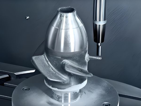 Multi-axis metal 3D printing tool head positioning near a printed curved turbine component on a rotary platform.